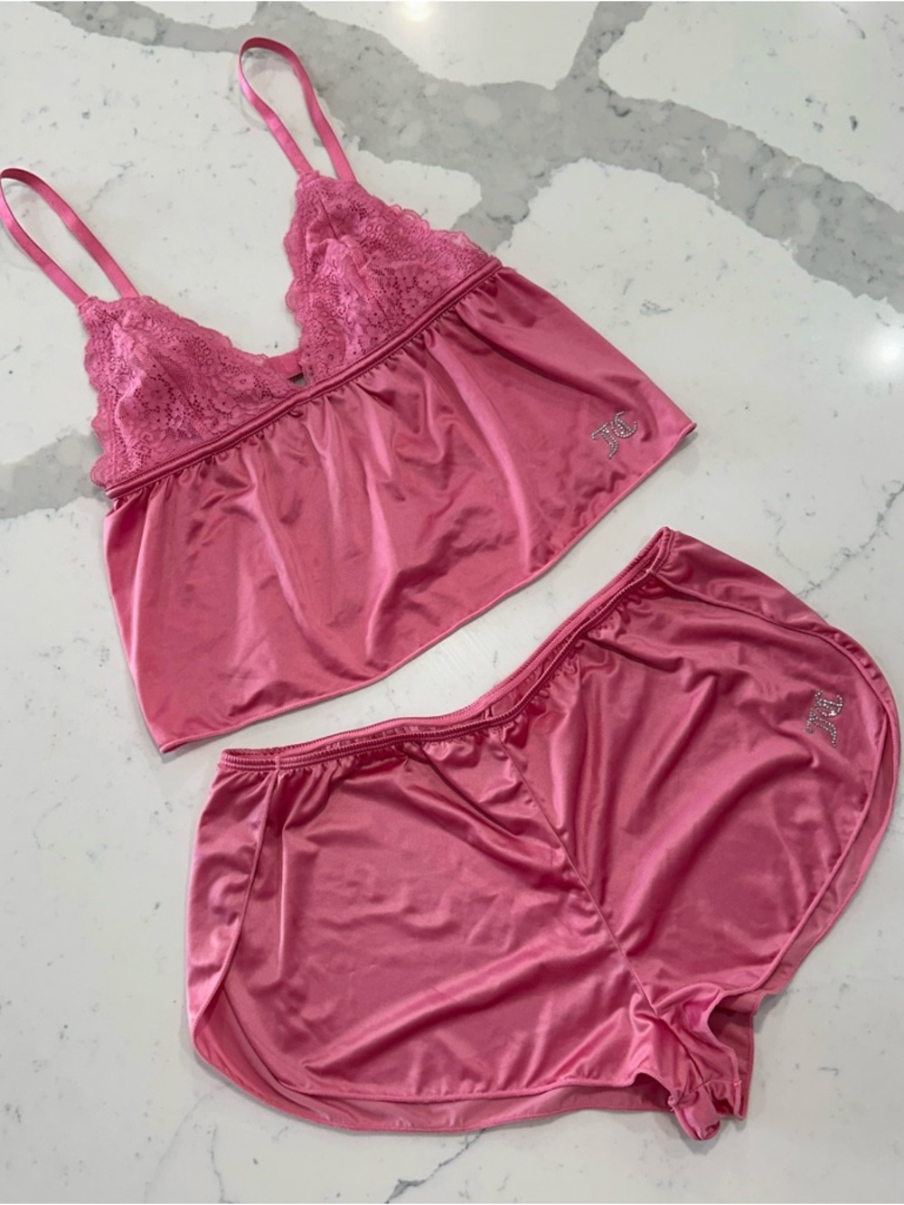 Juicy Couture Pink Satin Lace Lounge Set Cami Shorts Small